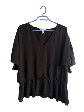 Additionelle Black Batwing Sleeve Peplum Blouse Plus Size 2X Flowy V-Neck Top